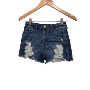 Hollister Women's Distressed Denim High-Waisted Shorts With Frayed Hem Size 24‎